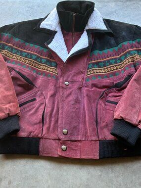 Vintage 90s Scorpio USA Southwestern Aztec Leather Jacket Sherpa Collar XL